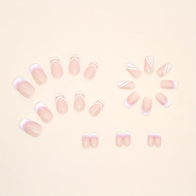 24 pcs Nude Pink French Tip Square Stick On Nails Easy to Apply Acrylic