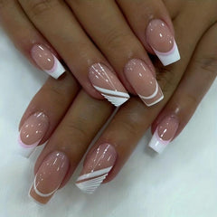 24 pcs Nude Pink French Tip Square Stick On Nails Easy to Apply Acrylic