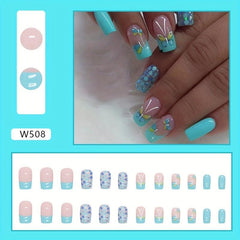 24pcs Glossy Green Butterfly False Nails with Glitter Sequin for Women