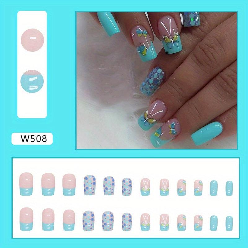 24pcs Glossy Green Butterfly False Nails with Glitter Sequin for Women