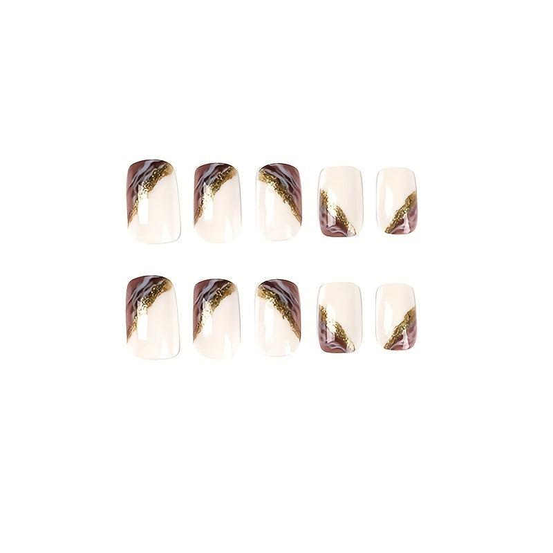 24pcs Marble Print Press On Nails with Gold Foil Medium Square False Nails