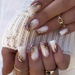 24pcs Marble Print Press On Nails with Gold Foil Medium Square False Nails