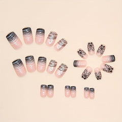 24pcs Butterfly Press On Nails with Line & Glue