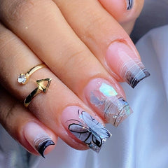 24pcs Butterfly Press On Nails with Line & Glue