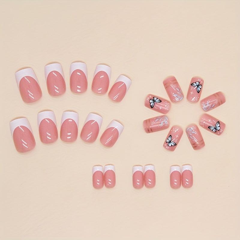 24pcs Glossy Butterfly Press On Nails with Golden Line Medium Square False Nails