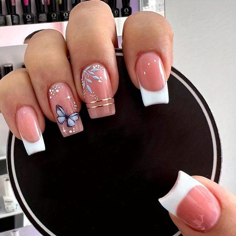 24pcs Glossy Butterfly Press On Nails with Golden Line Medium Square False Nails