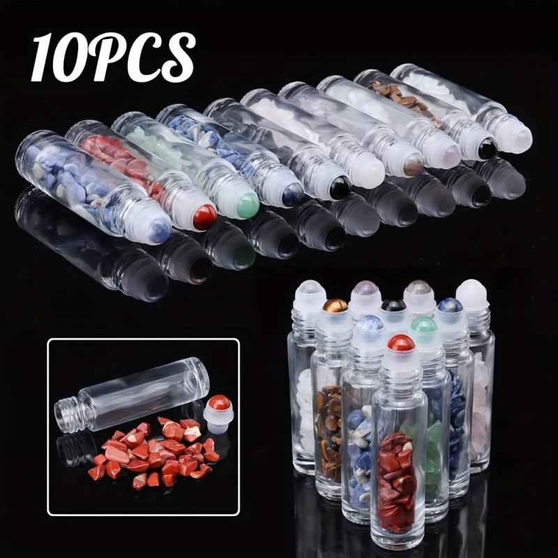 10pcs 10ml Clear Glass Roller Bottles with Natural Crystal Stones Roller Balls