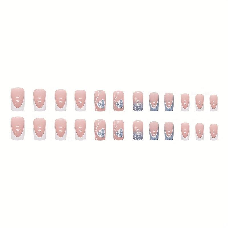 24pcs French Tip Press On Nails with Glitter Heart Medium Square False Nails