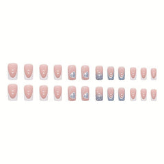 24pcs French Tip Press On Nails with Glitter Heart Medium Square False Nails