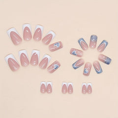 24pcs French Tip Press On Nails with Glitter Heart Medium Square False Nails