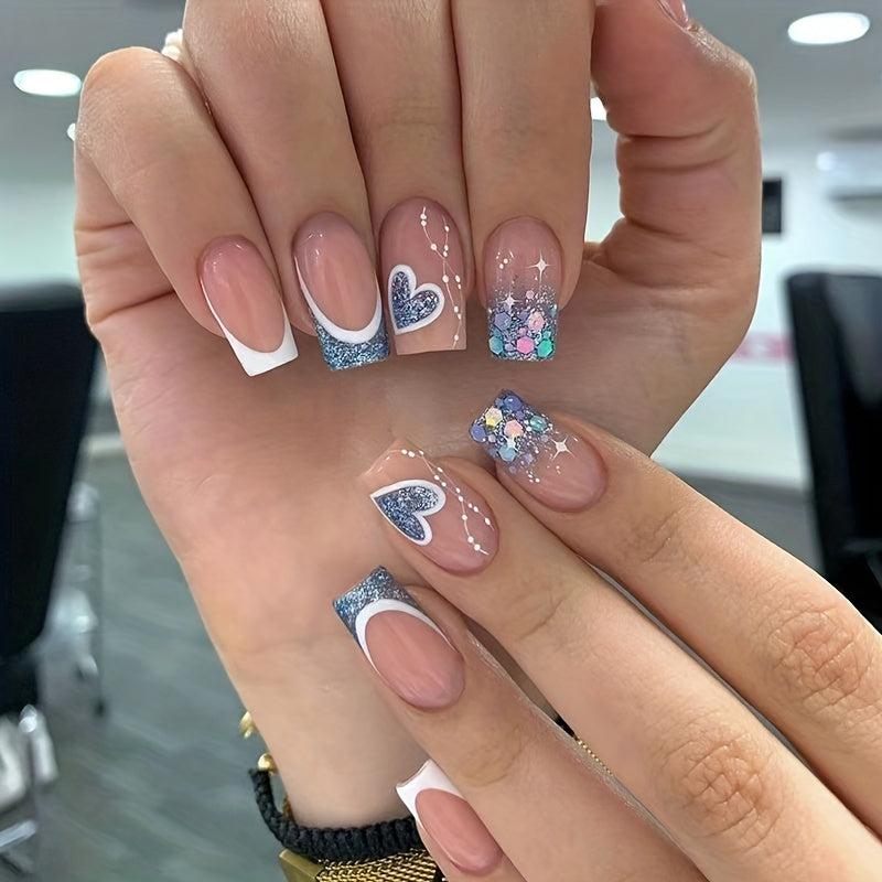24pcs French Tip Press On Nails with Glitter Heart Medium Square False Nails