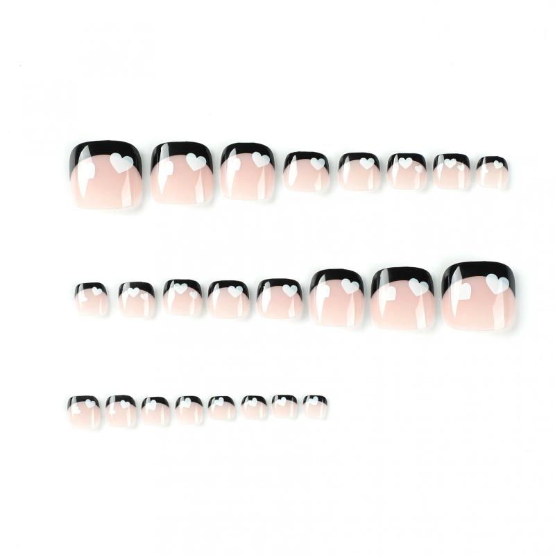 24pcs Heart French Tip Press On Toenails Full Cover Short Square False Toenails