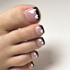 24pcs Heart French Tip Press On Toenails Full Cover Short Square False Toenails