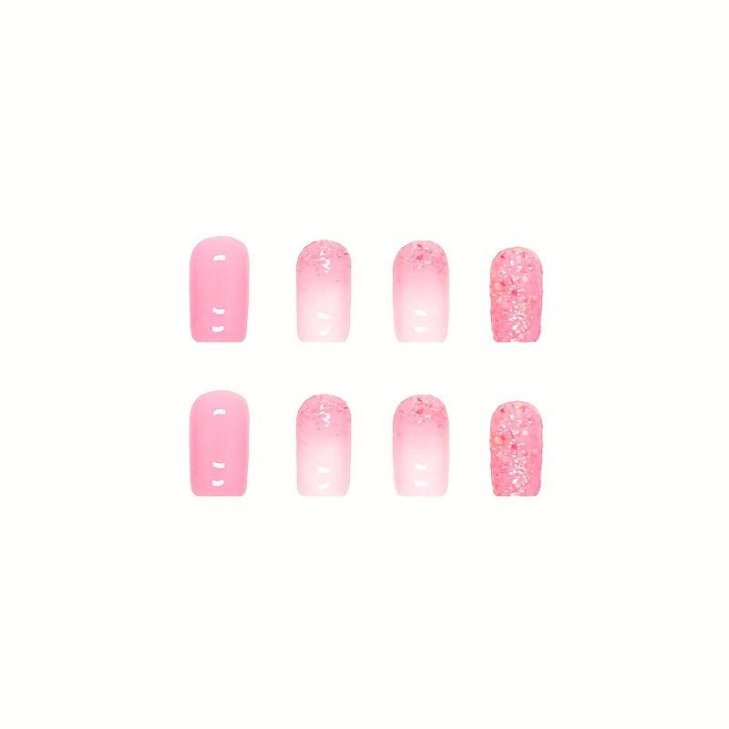 24pcs Glossy Pink Ombre Press On Nails with Sequin Short Square False Nails