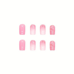 24pcs Glossy Pink Ombre Press On Nails with Sequin Short Square False Nails