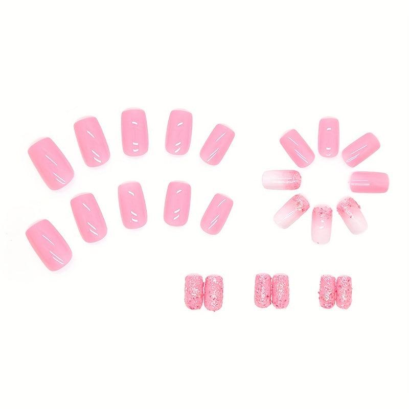24pcs Glossy Pink Ombre Press On Nails with Sequin Short Square False Nails