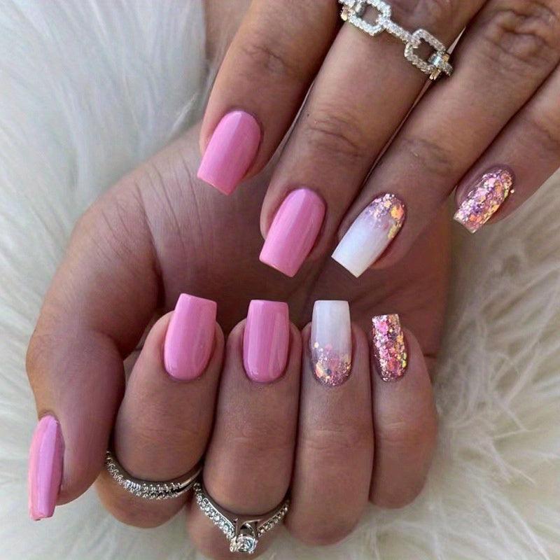 24pcs Glossy Pink Ombre Press On Nails with Sequin Short Square False Nails