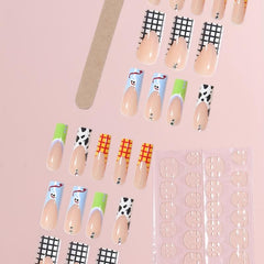 24pcs Plaid Cow Print Press On Nails with Rhinestones Coffin False Nails