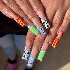 24pcs Plaid Cow Print Press On Nails with Rhinestones Coffin False Nails
