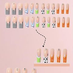 24pcs Plaid Cow Print Press On Nails with Rhinestones Coffin False Nails