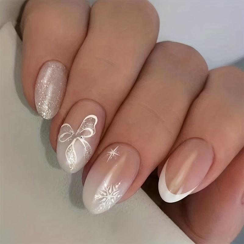 96 Pcs Press On Nails French Snowflake with False Nails Full Cover Set Pink