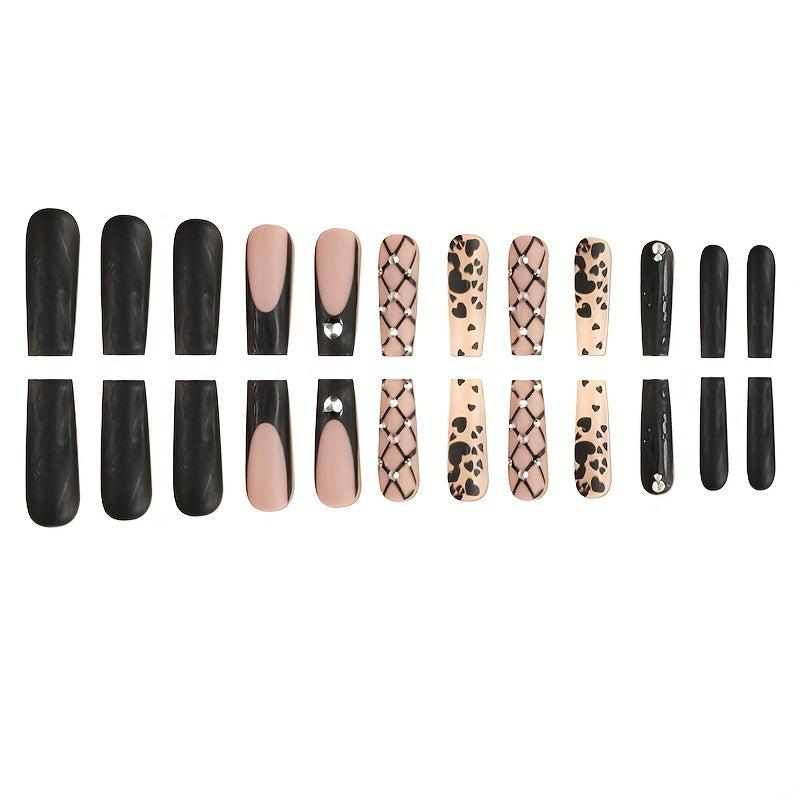 Plaid Heart Print Press On Nails with Rhinestone Matte Long Cover