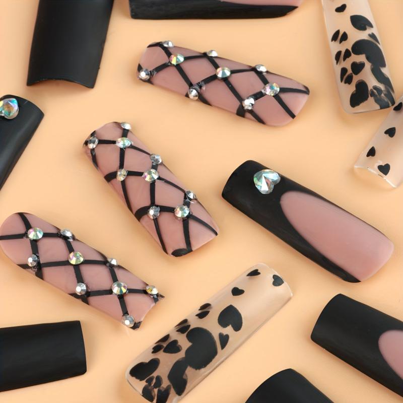 Plaid Heart Print Press On Nails with Rhinestone Matte Long Cover