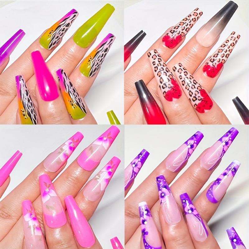 96 Pcs Leopard Flower Press On Nails Set Pink Purple