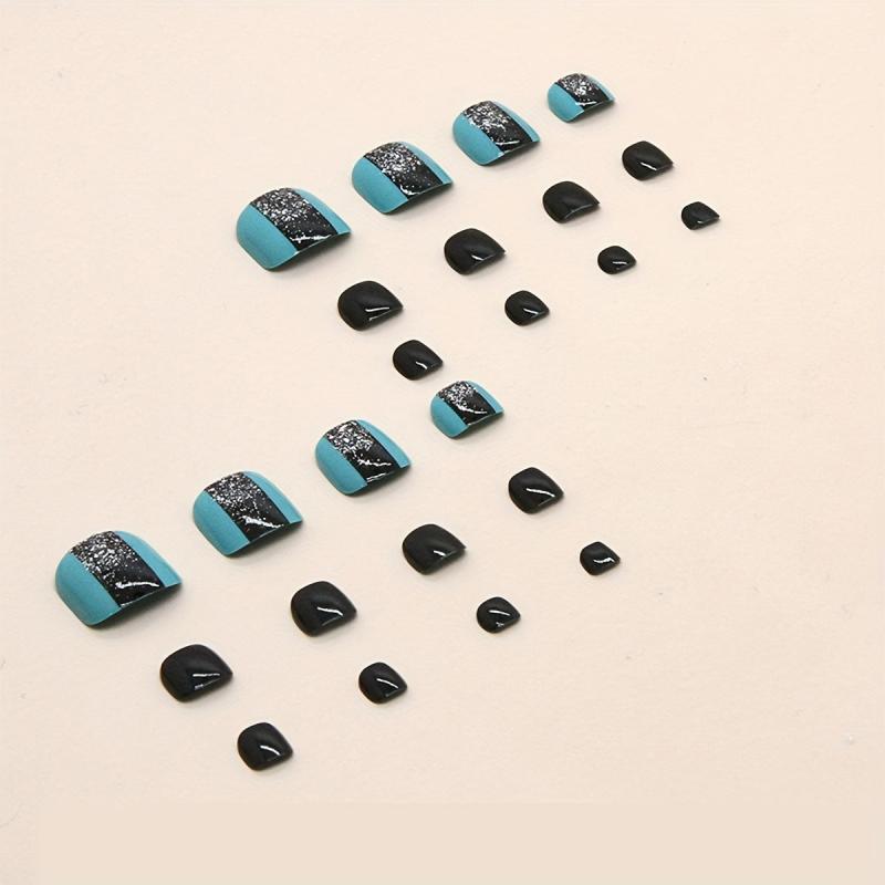 24pcs Glitter Square Toenails Full Cover Acrylic Nails with Nail Glue