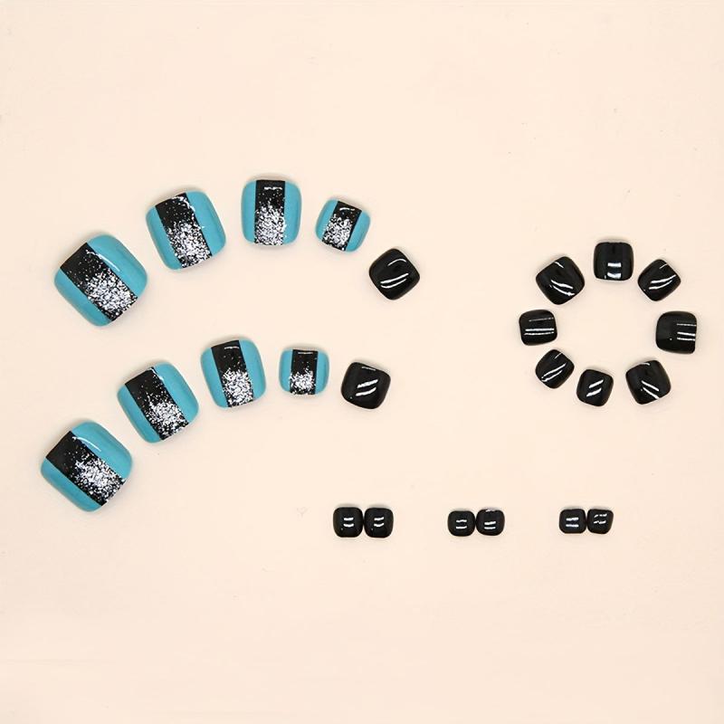 24pcs Glitter Square Toenails Full Cover Acrylic Nails with Nail Glue