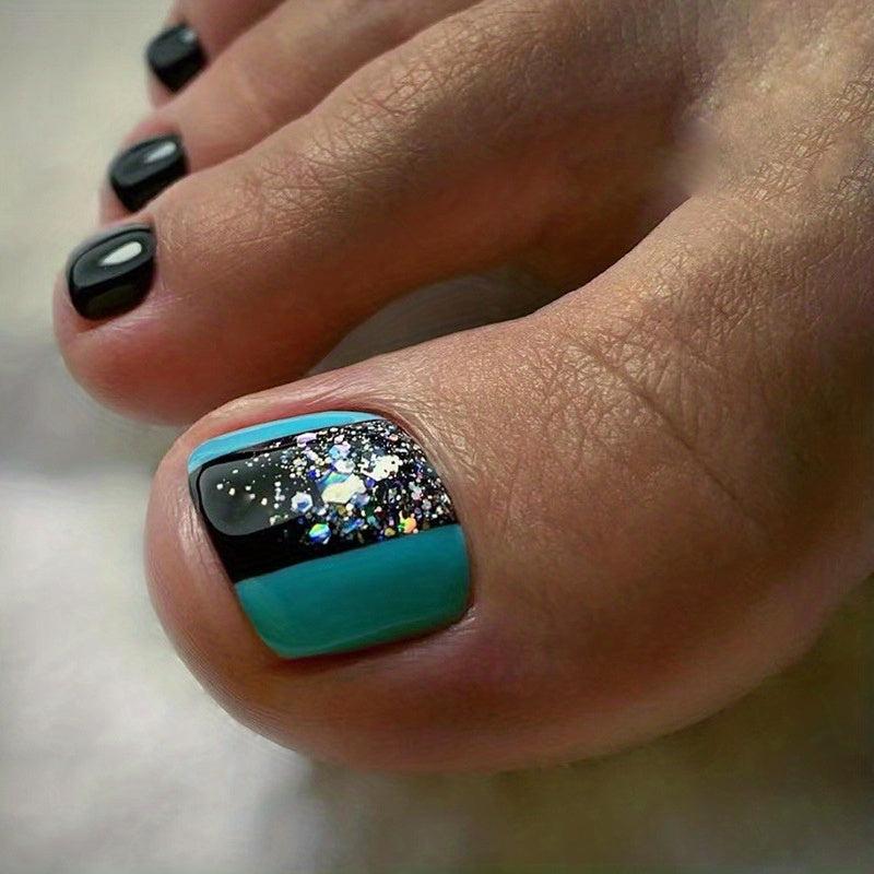 24pcs Glitter Square Toenails Full Cover Acrylic Nails with Nail Glue