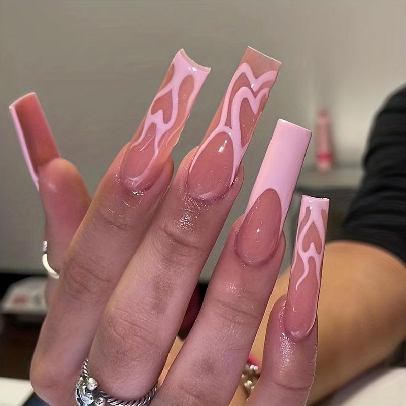 Long Pink Press On Nails for Women & Girls with Manicure Glue