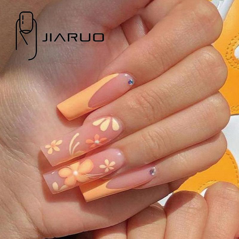 JIARUO 24pcs Orange Long Wear Press On False Nails