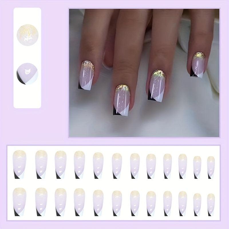 24pcs Golden Glitter Press On Nails Full Cover French False Nails