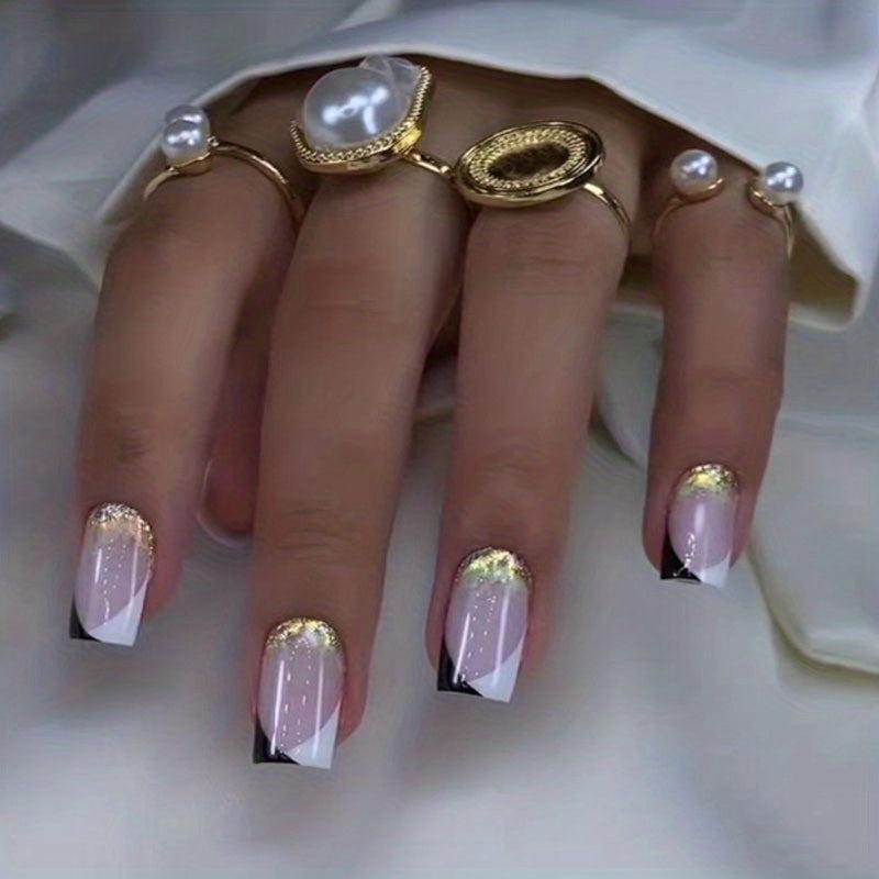 24pcs Golden Glitter Press On Nails Full Cover French False Nails
