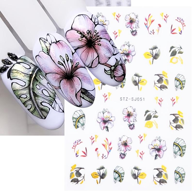 Lily Flower 3D Nail Stickers Leaves Butterflies Spring Nail Art Decoration