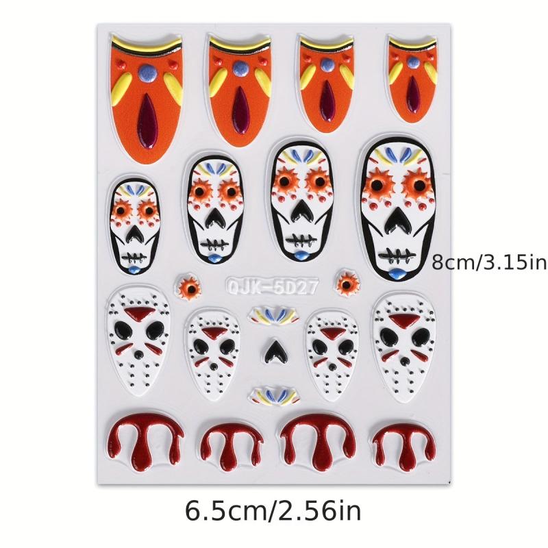 5D Embossed Halloween Nail Art Stickers - Skull Ghost Pumpkin Spider Bat Decals