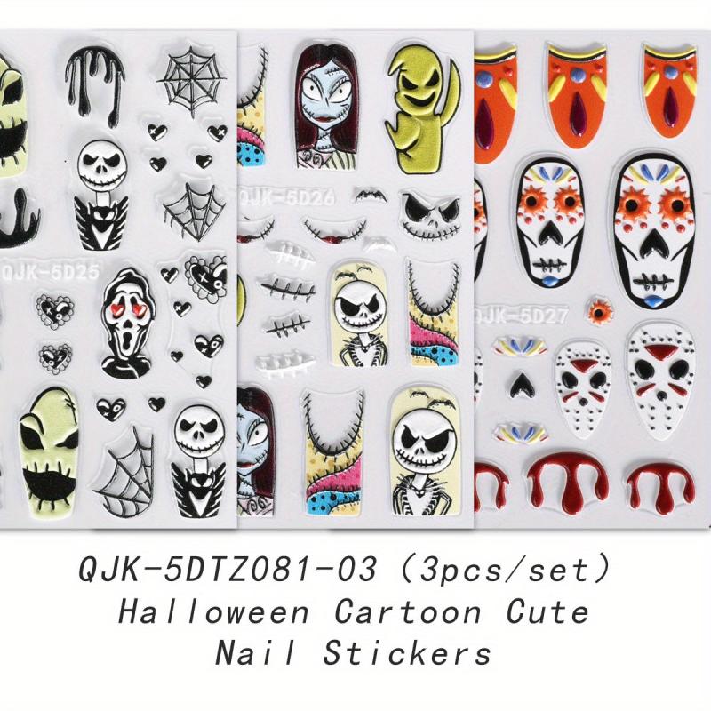 5D Embossed Halloween Nail Art Stickers - Skull Ghost Pumpkin Spider Bat Decals