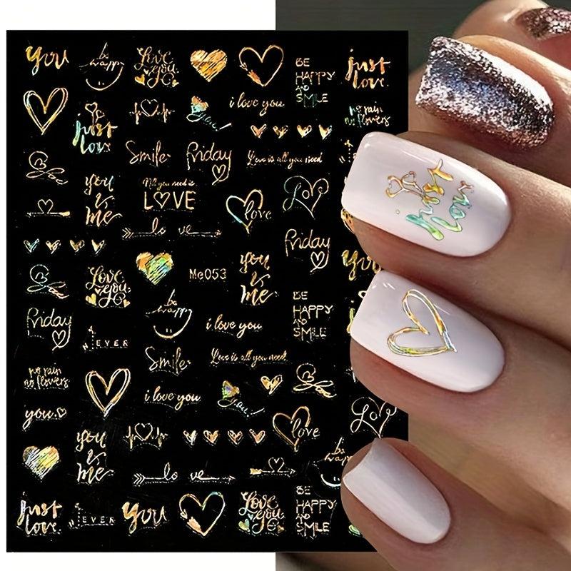3D Holographic Laser Heart Nail Stickers Self Adhesive Decals