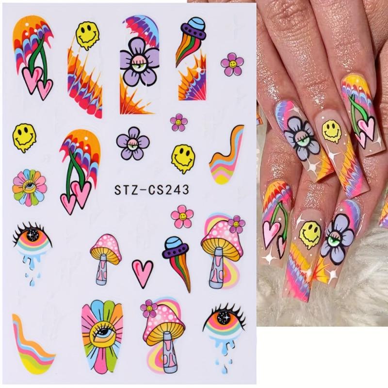8 Sheets Mushroom & Geometric Nail Art Stickers for DIY Nail Decoration