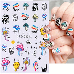 8 Sheets Mushroom & Geometric Nail Art Stickers for DIY Nail Decoration