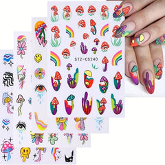 8 Sheets Mushroom & Geometric Nail Art Stickers for DIY Nail Decoration