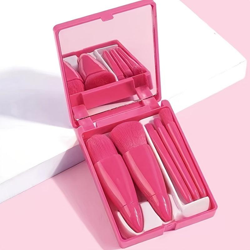 Mini Travel Makeup Brush Set with Mirror - Includes 5 Essential Brushes