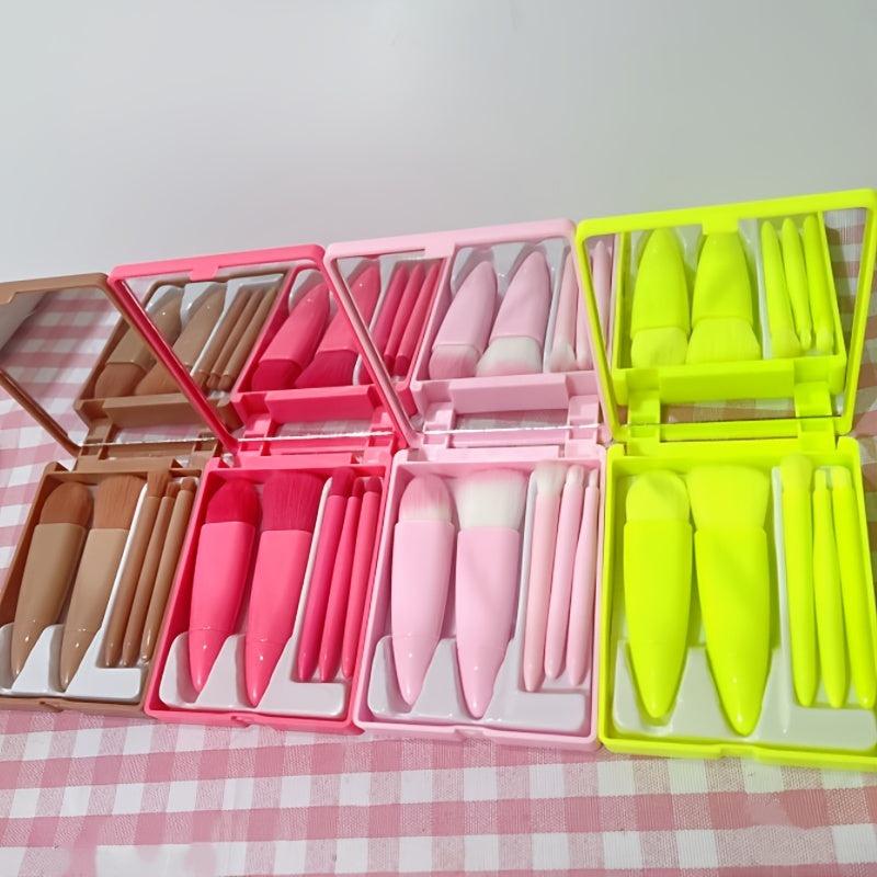 Mini Travel Makeup Brush Set with Mirror - Includes 5 Essential Brushes
