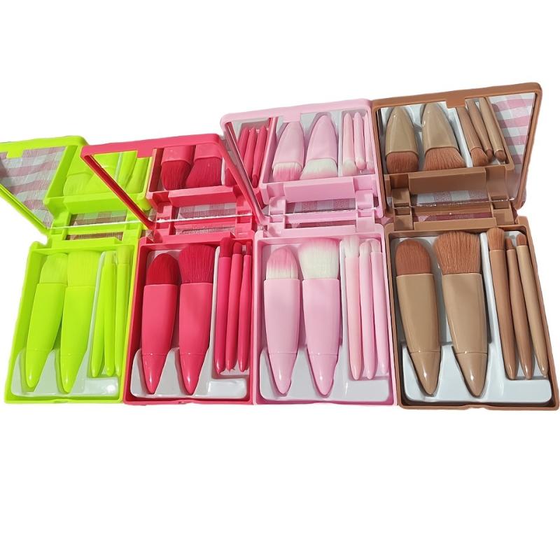 Mini Travel Makeup Brush Set with Mirror - Includes 5 Essential Brushes