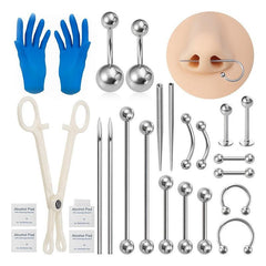 Body Piercing Kit with Surgical Steel Needles and Jewelry Set