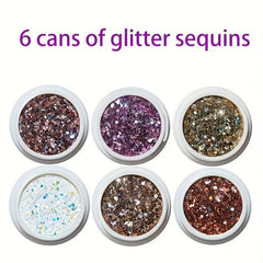 6 Cans Holographic Nail Glitter 3D Sparkling Art Supplies
