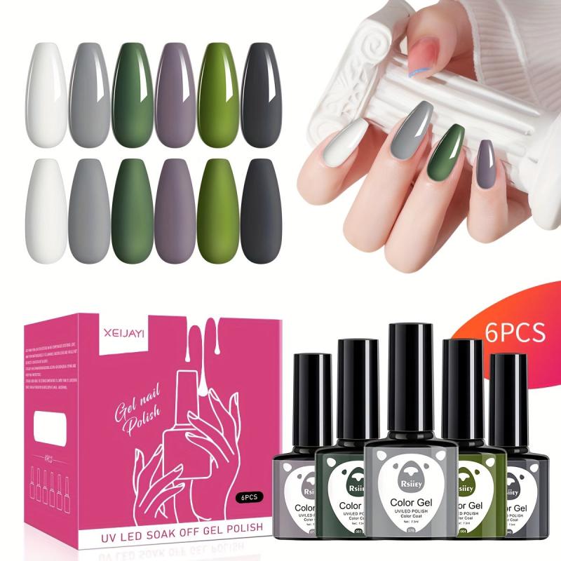 Gray Green Gel Nail Polish Set - 6 Colors Soak Off No Wipe