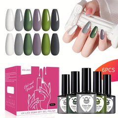 Gray Green Gel Nail Polish Set - 6 Colors Soak Off No Wipe