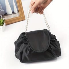 Travel Makeup Bag with Ruched Detail & Faux Pearl Decor